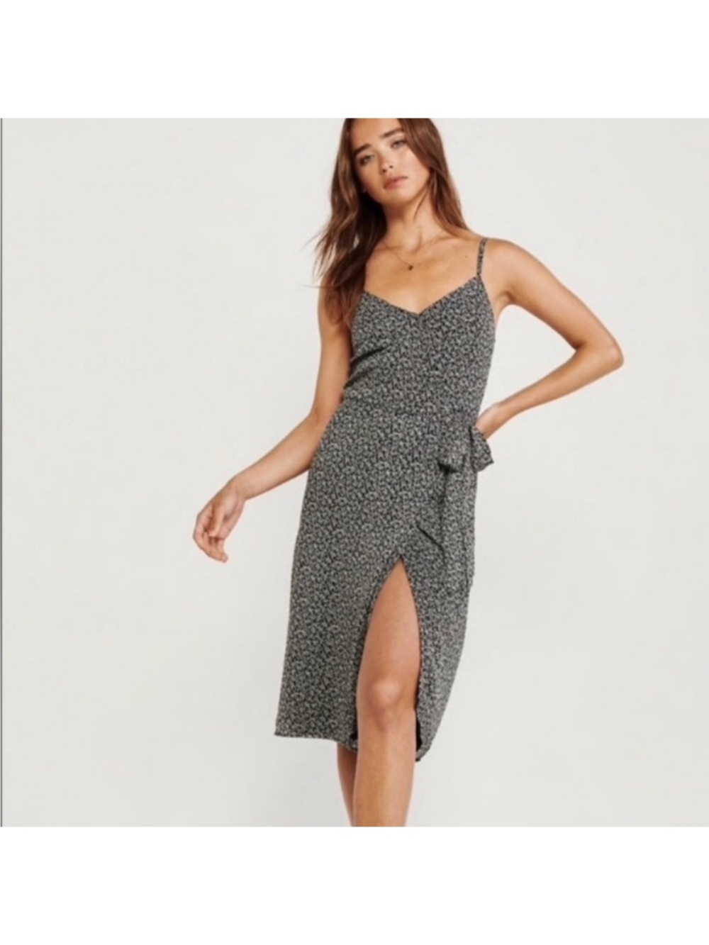 Abercrombie & Fitch Black Floral Tie-Waist Midi Dress